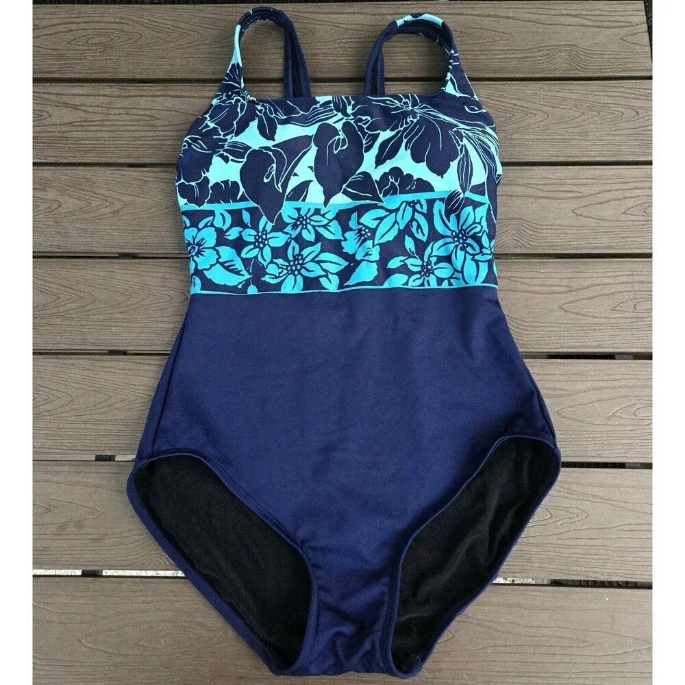 TYR Floral Scoop Neck Control Fit Blue/teal Size 8 1-PC Bathing Suit NEW No Tag